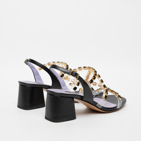 WOMEN'S BLACK SANDAL IN PLEXIGLASS WITH STONES