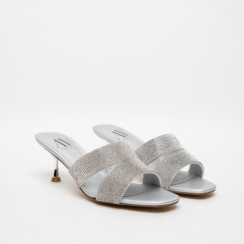 WOMEN'S SILVER SLIPPER IN FABRIC WITH RHINESTONE