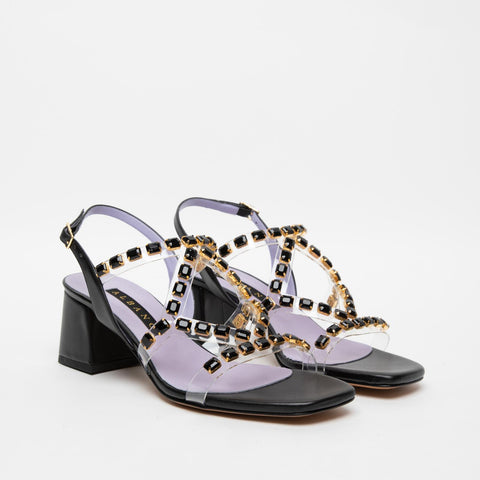 WOMEN'S BLACK SANDAL IN PLEXIGLASS WITH STONES