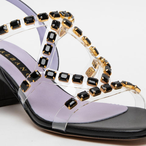WOMEN'S BLACK SANDAL IN PLEXIGLASS WITH STONES